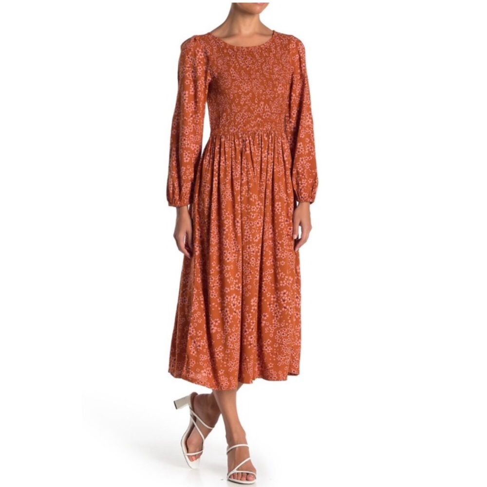 Susina Boho Smocked Floral Peasant Midi Dress